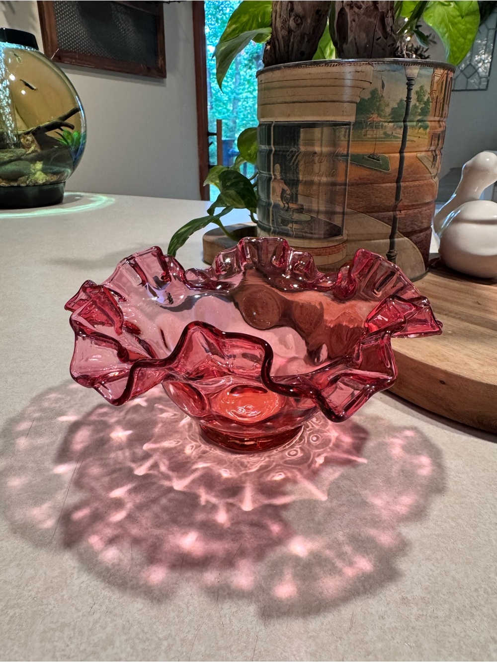 Fenton Cranberry Ruffled Art Glass Bowl